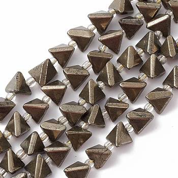 Natural Pyrite Beads Strands, with Seed Beads, Triangle, 9.5~10x10~11x9.5~10mm, Hole: 1mm, about 18pcs/strand, 7.68''(19.5cm)
