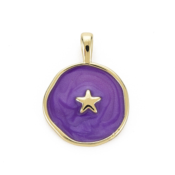 Brass Enamel Pendants, Cadmium Free & Nickel Free & Lead Free, Real 16K Gold Plated, Flat Round with Star, Dark Violet, 20.5x15.5x4.5mm, Hole: 2.5x3mm
