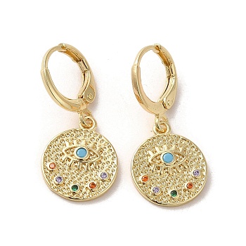 Flat Round with Eye Real 18K Gold Plated Brass Dangle Leverback Earrings, with Cubic Zirconia, Colorful, 27.5x13mm