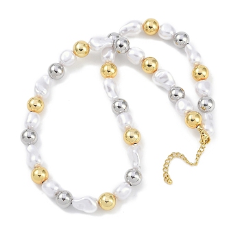 Rack Plating 10mm Round Brass & ABS Imitation Pearl Beaded Necklaces, Cadmium Free & Lead Free, Long-Lasting Plated, Real 18K Gold Plated, 18.50 inch(47cm)