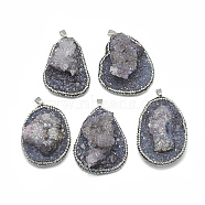 Natural Quartz Big Pendants, with Rhinestone and Brass Findings, Dyed, Nuggets, Platinum, Slate Gray, 50~65x33~45x15~30mm, Hole: 8x4mm(G-S334-010A)