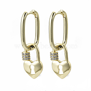 Brass Micro Pave Clear Cubic Zirconia Dangle Huggie Hoop Earrings, Nickel Free, Heart Lock, Real 18K Gold Plated, 33.5mm, Pin: 1x1mm(EJEW-S201-218-NF)