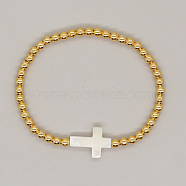 Gold Round Beaded Stretch Bracelets, Cross Shell Bracelets for Women Men(LZ3349-1)