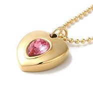 Vacuum Plating 304 Stainless Steel Ball Chain Necklaces, Rhinestone Heart Pendant Necklaces, Pink, 16.46 inch(41.8cm)(NJEW-C045-01G-02)
