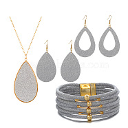 Textured Imitation Leather Teardrop Pendant Necklace & Dangle Earrings & Multi-Strand Bracelet, Golden Alloy Jewelry Set for Women, Light Grey, 850mm, 78x37mm, 80x39mm, 192mm In Diameter(JX529F)