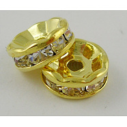 Grade A Rhinestone Spacer Beads, Clear, Brass, Golden Metal Color, Nickel Free, Size: about 4mm in diameter, 2mm thick, hole: 0.8mm(X-RSB034NF-01G)