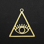 201 Stainless Steel Pendants, Laser Cut, Hollow, Triangle with Eye, Golden, 30x26.5x1mm, Hole: 2mm(STAS-N090-LA008-2)