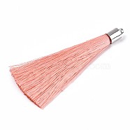 Fiber Tassel Big Pendant Decorations, with Platinum Plated Brass Finding, Pink, 70~73x7~25mm, Hole: 1.8mm(FIND-R085-019)