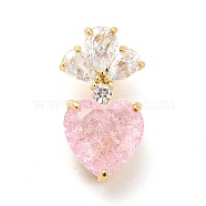 Brass Micro Pave Clear Cubic Zirconia Pendants, with Glass, Heart Charms, Real 18K Gold Plated, Pink, 24.5x13x12mm, Hole: 6x4mm(KK-I695-070G-03)