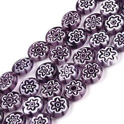 Handmade Millefiori Glass Beads Strands, Flat Round, Purple, 11~12x9.5~10x3.5~4mm, Hole: 0.7mm, about 36~37pcs/strand, 15.94~15.98 inch(40.5~40.6cm)(LAMP-N024-22)