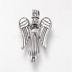 Alloy Locket Pendants, Cage Pendants, Hollow, Angel, Antique Silver, 39.5x23x8mm, Hole: 3mm, inner measure: 7mm(PALLOY-S094-16AS)