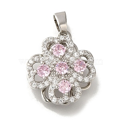 Rack Plating Brass Micro Pave Cubic Zirconia Pendant, Lead Free & Cadmium Free, Long-Lasting Plated, Flower, Platinum, Pearl Pink, 18x15x5mm, Hole: 4x3mm(KK-H485-40P-03)