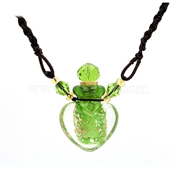 Lampwork Perfume Bottle Necklaces with Ropes, Heart, Lime Green, 22.05~28.35 inch(56~72cm), Pendant: 22x12x20, Capacity: 1ml(0.03fl. oz)(PW-WG33753-15)