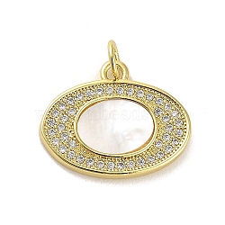 Brass Micro Pave Clear Cubic Zirconia Pendants, with Shell, Jump Rings, Real 18K Gold Plated, Oval, 15.5x9x2.5mm, Hole: 3.5mm(KK-K365-02H-G)