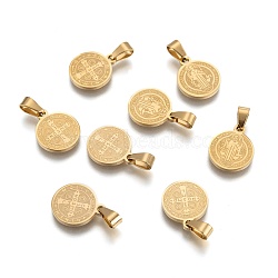 Flat Round with San Benito & Word 304 Stainless Steel Charms, Golden, 14x12x1.2mm, Hole: 4x6.5mm(X-STAS-I036-03A)