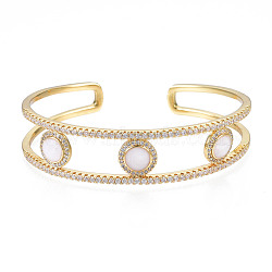 Enamel Flat Round Open Cuff Bangle with Clear Cubic Zirconia, Real 18K Gold Plated Brass Jewelry for Women, Creamy White, Inner Diameter: 2-1/4 inch(5.7cm)(BJEW-N012-026)