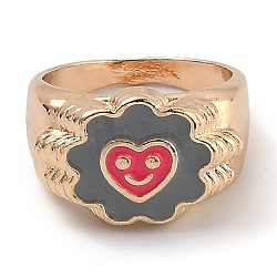 Alloy Enamel Finger Rings, Flower with Smiling Face, Light Gold, Hot Pink, US Size 6, Inner Diameter: 17mm(RJEW-H539-04B-LG)