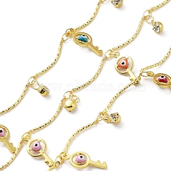 Brass Curved Bar Link Chains, with Glass & Colorful Enamel Key with Evil Eye Charms, Soldered, with Spool, Real 18K Gold Plated, 18x1mm, about 32.81 Feet(10m)/Roll(CHC-C001-09G)