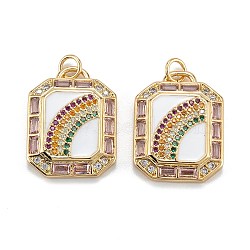 Real 18K Gold Plated Brass Micro Pave Colorful Cubic Zirconia Pendants, with Enamel and Jump Rings, Octagon with Rainbow, White, 22.5x17.5x3.5mm, Hole: 3.5mm(ZIRC-A020-20G-A)
