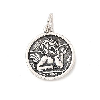 925 Sterling Silver Pendants, with Jump Rings and 925 Stamp, Antique Silver, Flat Round with Angel, 17x14.5x1mm, Hole: 3.5mm