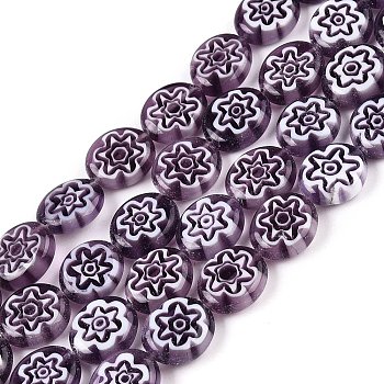 Handmade Millefiori Glass Beads Strands, Flat Round, Purple, 11~12x9.5~10x3.5~4mm, Hole: 0.7mm, about 36~37pcs/strand, 15.94~15.98 inch(40.5~40.6cm)