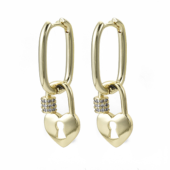 Brass Micro Pave Clear Cubic Zirconia Dangle Huggie Hoop Earrings, Nickel Free, Heart Lock, Real 18K Gold Plated, 33.5mm, Pin: 1x1mm