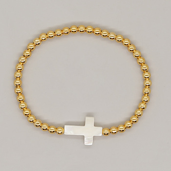 Gold Round Beaded Stretch Bracelets, Cross Shell Bracelets for Women Men