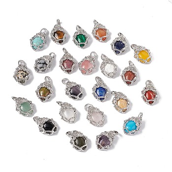 Natural & Synthetic Mixed Gemstone Pendants, Oval Charms, with Platinum Tone Brass Rose Findings, Cadmium Free & Nickel Free & Lead Free, Mixed Dyed and Undyed, 25~26x19~19.5x9~9.5mm, Hole: 7.5x5.5mm