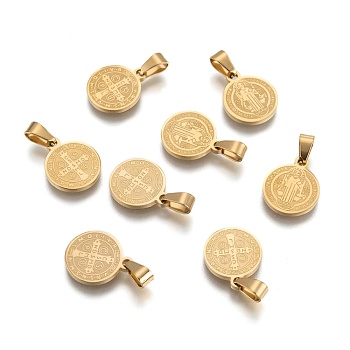 Flat Round with San Benito & Word 304 Stainless Steel Charms, Golden, 14x12x1.2mm, Hole: 4x6.5mm