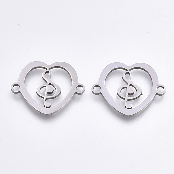 Tarnish Resistant 201 Stainless Steel Links connectors, Laser Cut Links, Heart with Music Note, Stainless Steel Color, 15.5x19.5x1mm, Hole: 1.5mm