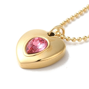 Vacuum Plating 304 Stainless Steel Ball Chain Necklaces, Rhinestone Heart Pendant Necklaces, Pink, 16.46 inch(41.8cm)