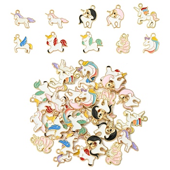 30Pcs 10 Styles Alloy Enamel Pendants, Light Gold, Unicorn Charm, Mixed Color, 15.5~24x13~17.5x1.5~3.5mm, Hole: 1~2mm, 3pcs/style