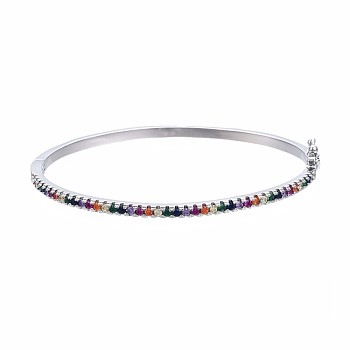 Colorful Cubic Zirconia Classic Tennis Bangle, Dainty Thin Brass Cubic Zirconia Bangle for Women, Real Platinum Plated, Inner Diameter: 2-1/8~2-1/3 inch(5.3~5.75cm)