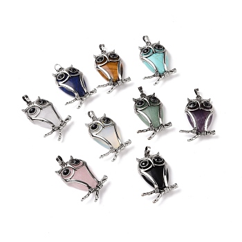 Natural & Synthetic Gemstone Pendants, with Antique Silver Tone Alloy Findings, Cadmium Free & Lead Free, Owl Charm, 50x32x9mm, Hole: 7x5mm