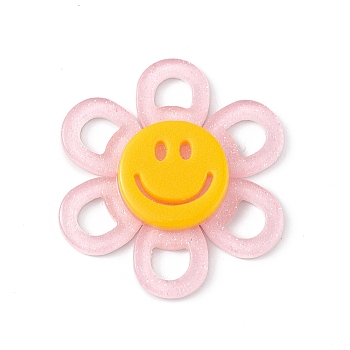 Acrylic Cabochons, with Glitter Powder, Flower with Smiling Face, Pearl Pink, 37x4.5mm
