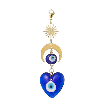 Handmade Evil Eye Lampwork Pendant Decorations, Sun and Moon Charm Decoration, Heart Pattern, 122mm, Pendant: 104x35x7mm