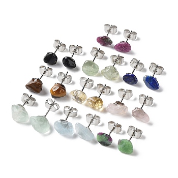 Raw Nuggets Natural Gemstone Stud Earrings, 304 Stainless Steel Earrings for Women, 7~10x5~8mm