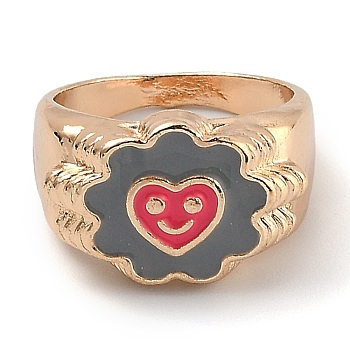 Alloy Enamel Finger Rings, Flower with Smiling Face, Light Gold, Hot Pink, US Size 6, Inner Diameter: 17mm