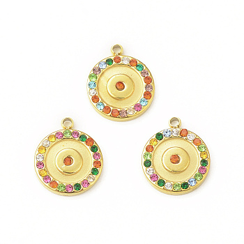 304 Stainless Steel Rhinestone Pendants, Flat Round Charm, Real 18K Gold Plated, 12x10x2mm, Hole: 1.2mm