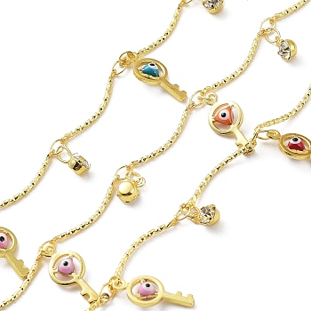 Brass Curved Bar Link Chains, with Glass & Colorful Enamel Key with Evil Eye Charms, Soldered, with Spool, Real 18K Gold Plated, 18x1mm, about 32.81 Feet(10m)/Roll