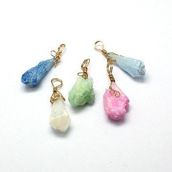 Electroplate Golden Wire Wrapped Gemstone Natural Crystal Pendants, Nuggets, Mixed Color, 34~51x10~16x5~10mm, Hole: 4~5mm