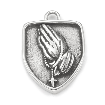 304 Stainless Steel Pendants, Shield with Praying Hand Pattern, Antique Silver, 25.5x17x4mm, Hole: 2.5mm