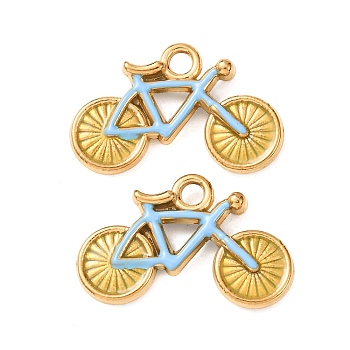 304 Stainless Steel Pendants, with Enamel, Ion Plating(IP),  Real 18K Gold Plated, Bicycle Charms, Sky Blue, 16.5~17x25.5~26.5x4mm, Hole: 3mm
