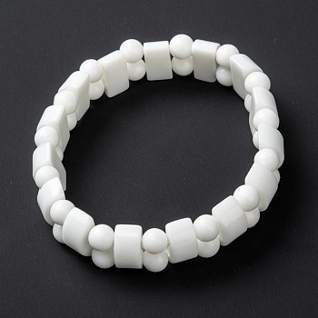 Opaque Glass Beads Stretch Bracelets, Rectangle & Round, White, Inner Diameter: 2-1/4 inch(5.7cm)