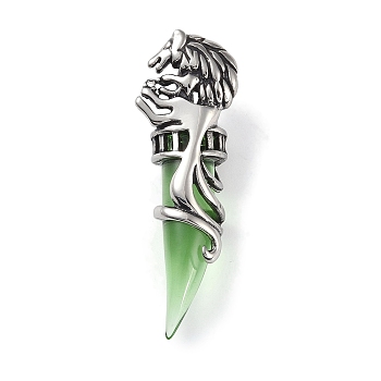 Glass Pendants, with 316 Surgical Stainless Steel Findings, Lion, Lime Green, 52.5x17.5x13.5mm, Hole: 9.5x5mm