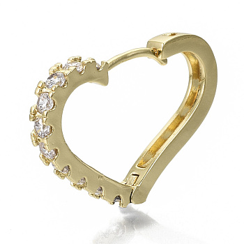 Brass Micro Pave Clear Cubic Zirconia Huggie Hoop Earrings, Nickel Free, Heart, Real 18K Gold Plated, 20x28x3mm, Pin: 1x1mm