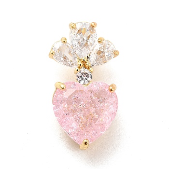 Brass Micro Pave Clear Cubic Zirconia Pendants, with Glass, Heart Charms, Real 18K Gold Plated, Pink, 24.5x13x12mm, Hole: 6x4mm