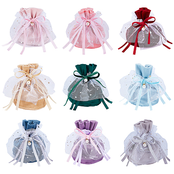 Velvet Jewelry Drawstring Gift Bags, with Plastic Imitation Pearl & Star Yarn Skirt Design, Wedding Favor Candy Bags, Mixed Color, 14.2x14.9x0.4cm, 9pcs/bag