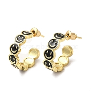 Smiling Face Real 18K Gold Plated Brass Stud Earrings, Half Hoop Earrings with Enamel, Black, 19x6mm(EJEW-L268-016G-03)