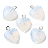 Opalite Pendants, Heart Charms with Platinum Plated Brass Loops, 14.8~15x12x4.1~4.6mm, Hole: 2mm(G-E603-01P-09)